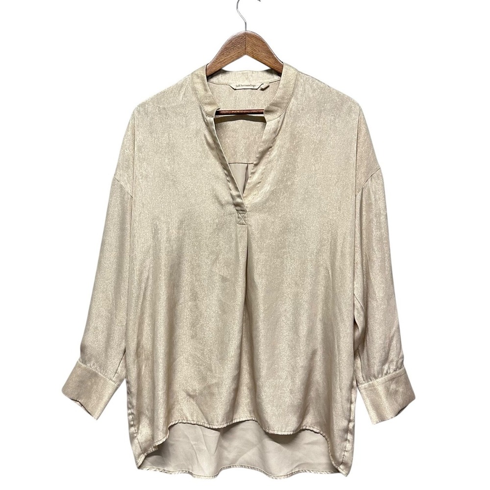 Soft Surroundings Metallic Gold Satin Women Tunic Top Size M Holiday Casual Chic